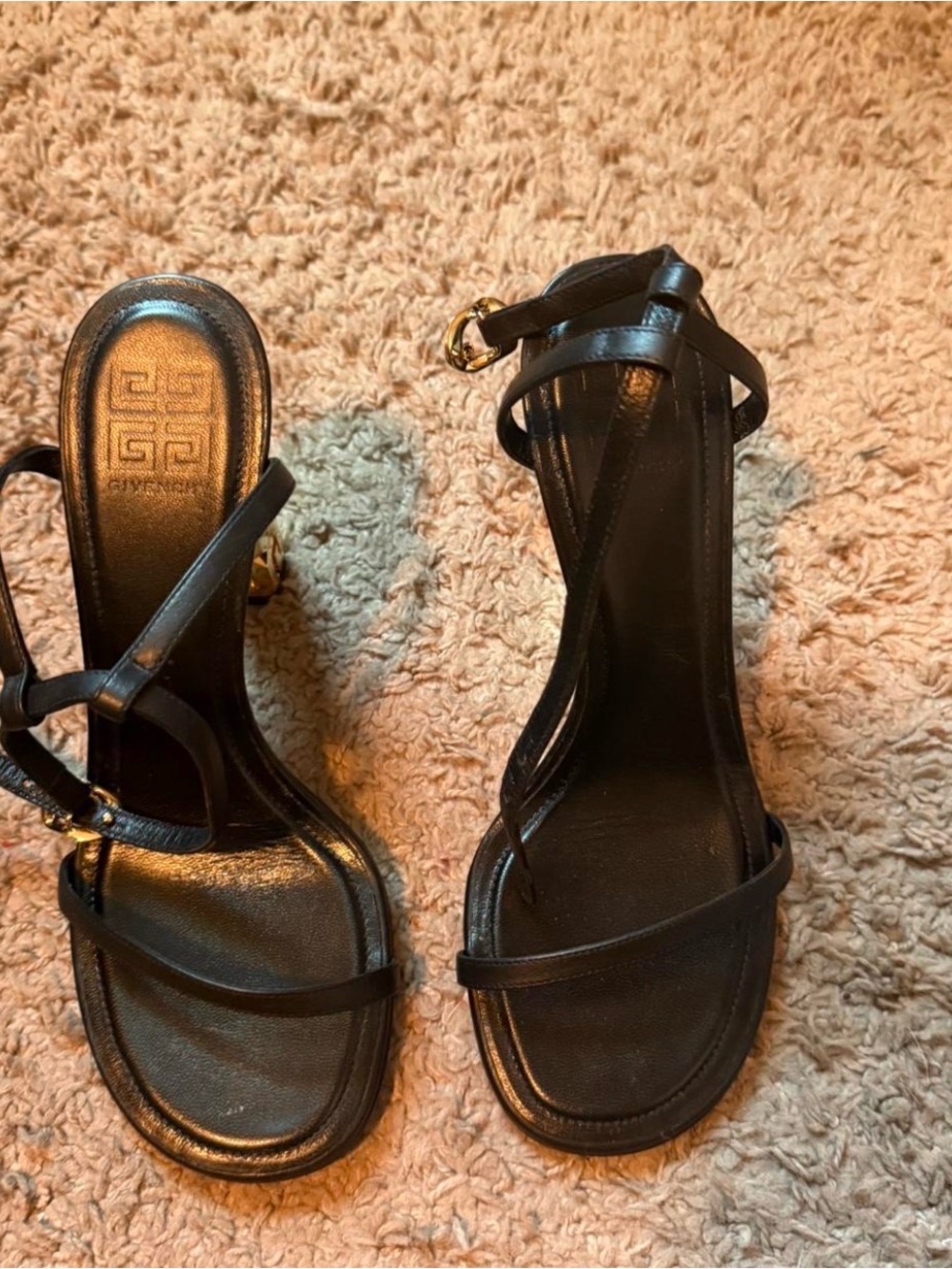 Givenchy Black Strappy Leather Heeled Sandals with Gold Buckle